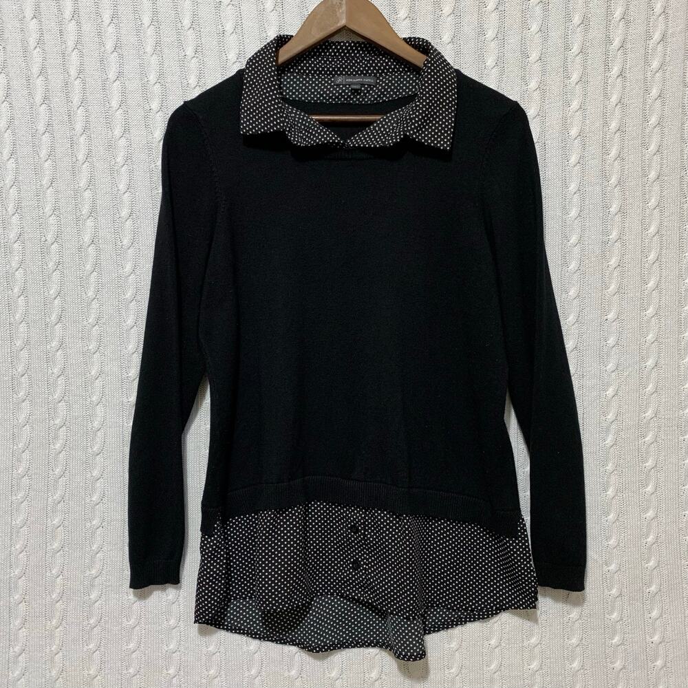 Adrianna Papell Polkadot Layered Black Sweater Top Womens L Preppy Academia
